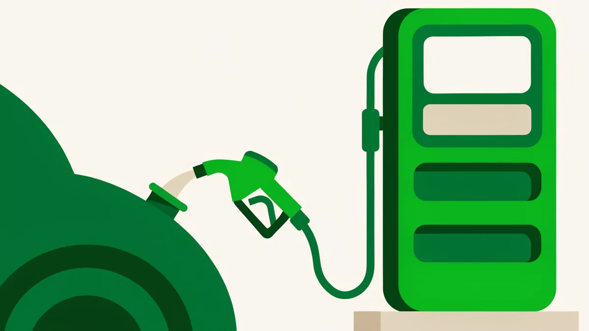 Illustration : Fuel pump nozzle filling car tank with price display visible on pump screen