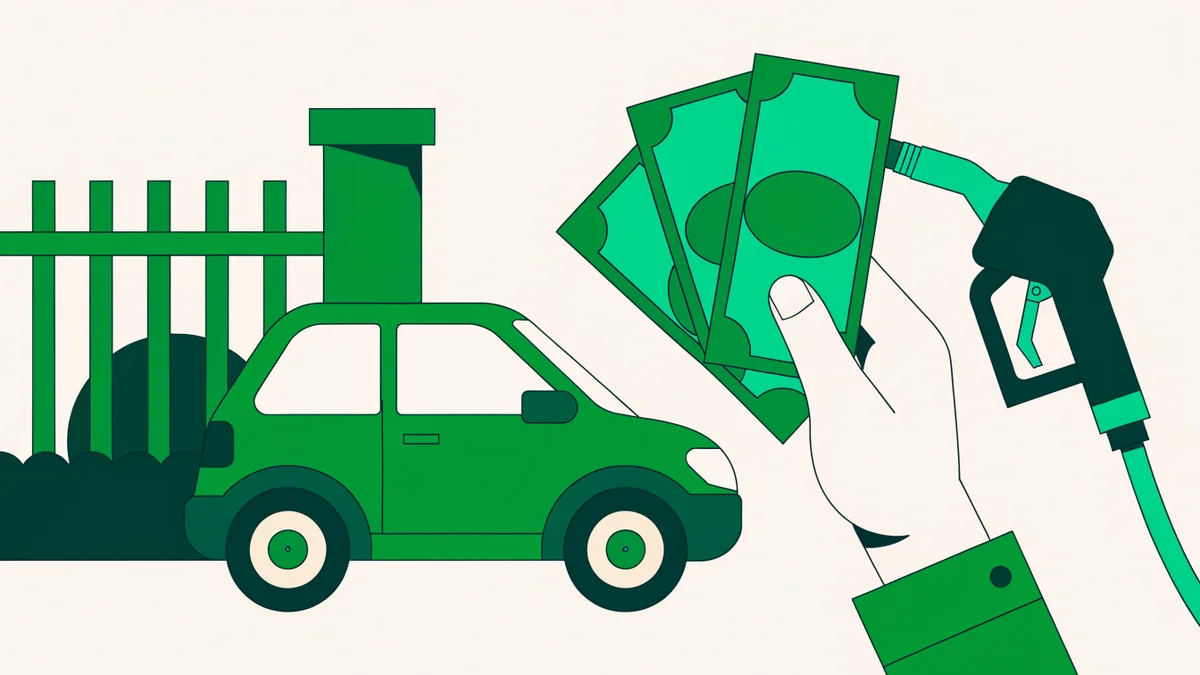 Illustration : a family car parked near a school gate, a hand holding euro banknotes next to a fuel nozzle, green-toned flat style illustration