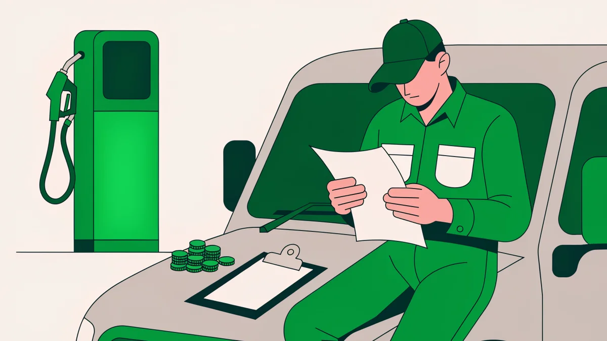 Illustration : a professional truck driver reviewing a fuel tax document near a green gas station pump, with euro coins and a clipboard on the hood, muted green tones