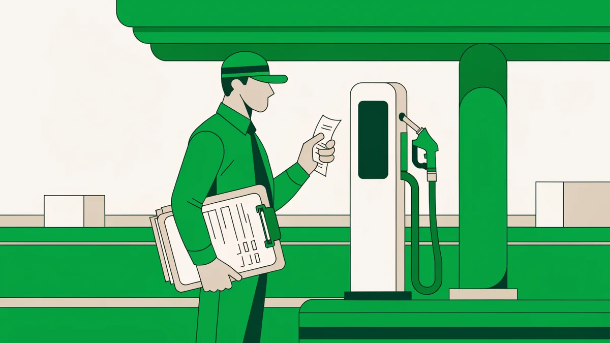 Illustration : A professional driver at a fuel pump station with receipt and documents, tax forms visible on clipboard, modern gas station setting