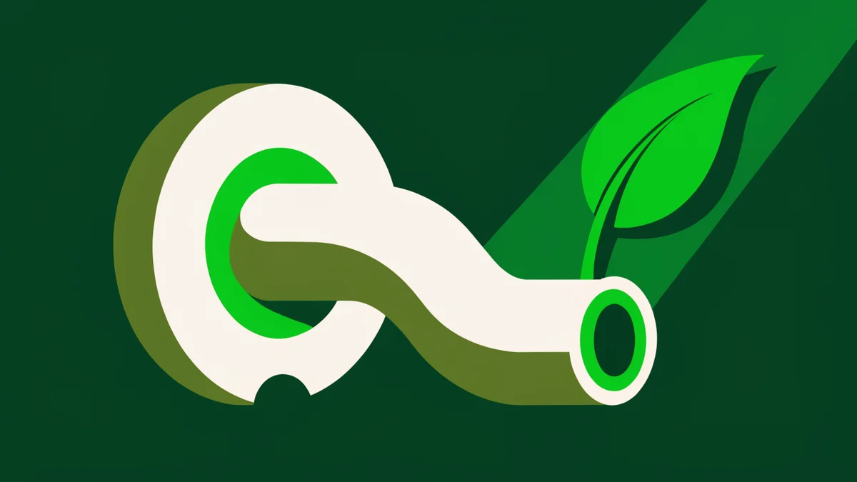 Illustration : close-up of a modern car exhaust pipe with a green leaf growing from it, studio light on dark green background, minimalist composition