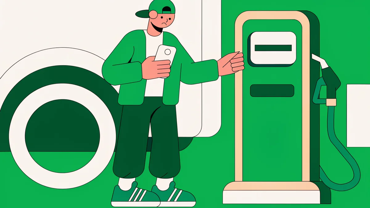 Illustration : A driver checking a fuel pump gauge at a gas station, looking at a digital display showing empty, with a worried expression and smartphone in hand