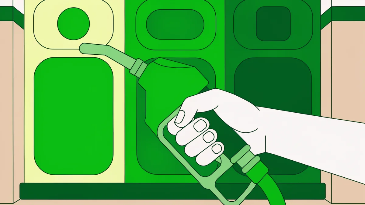 Illustration : Close-up of a car fuel pump nozzle in hand, with gas station display showing SP95, SP98, and E10 options, choosing between different fuel grades