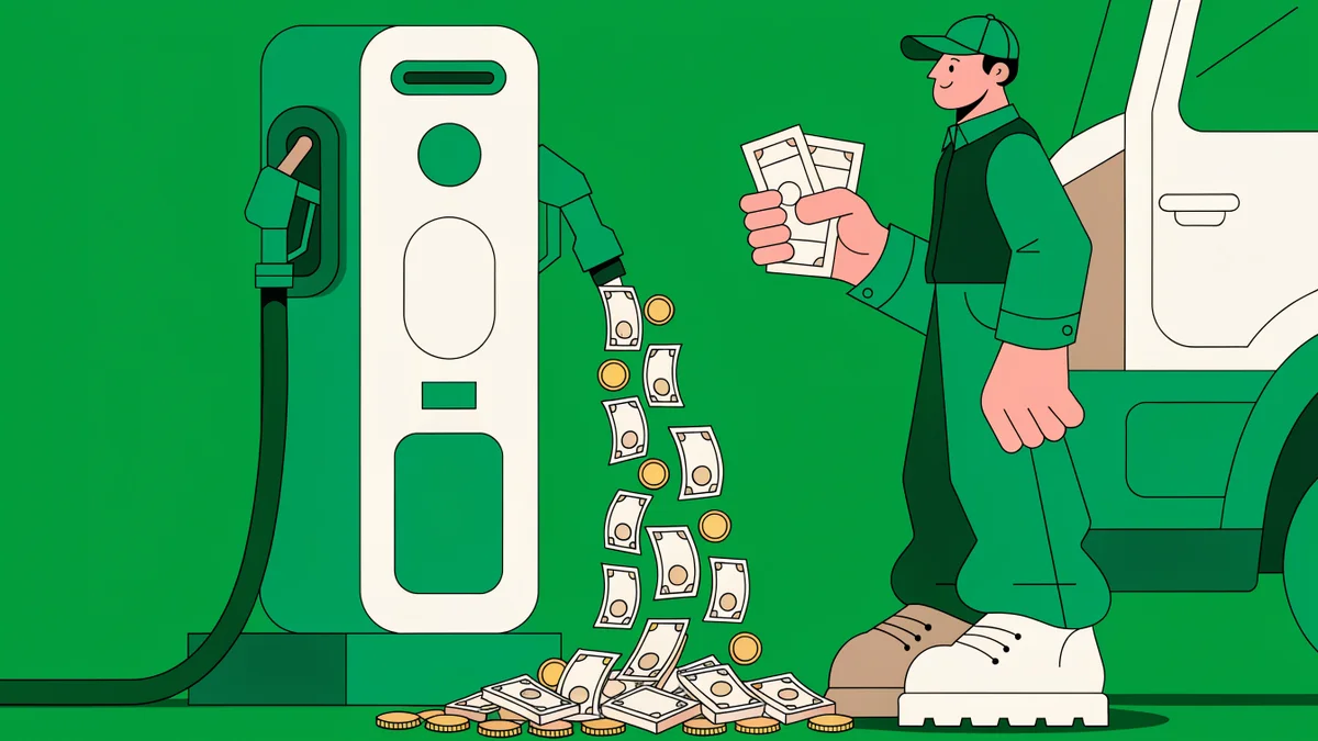 Illustration : a professional truck driver holding fuel invoices next to a diesel pump, coins and euro banknotes flowing from the pump nozzle, clean studio lighting, green tones dominant