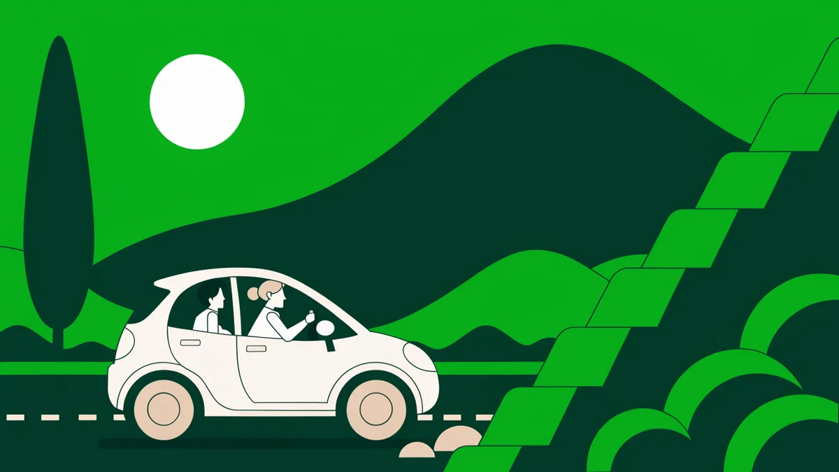 Illustration : Family car driving smoothly on a sunny summer highway with landscape horizon, fuel-efficient eco-driving scene