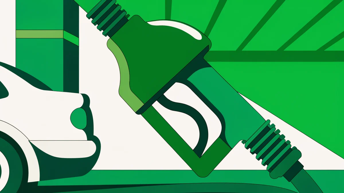Illustration : Close-up of a fuel pump nozzle at a gas station, with a car in the background ready to refuel, summer sunlight, practical and economical driving concept