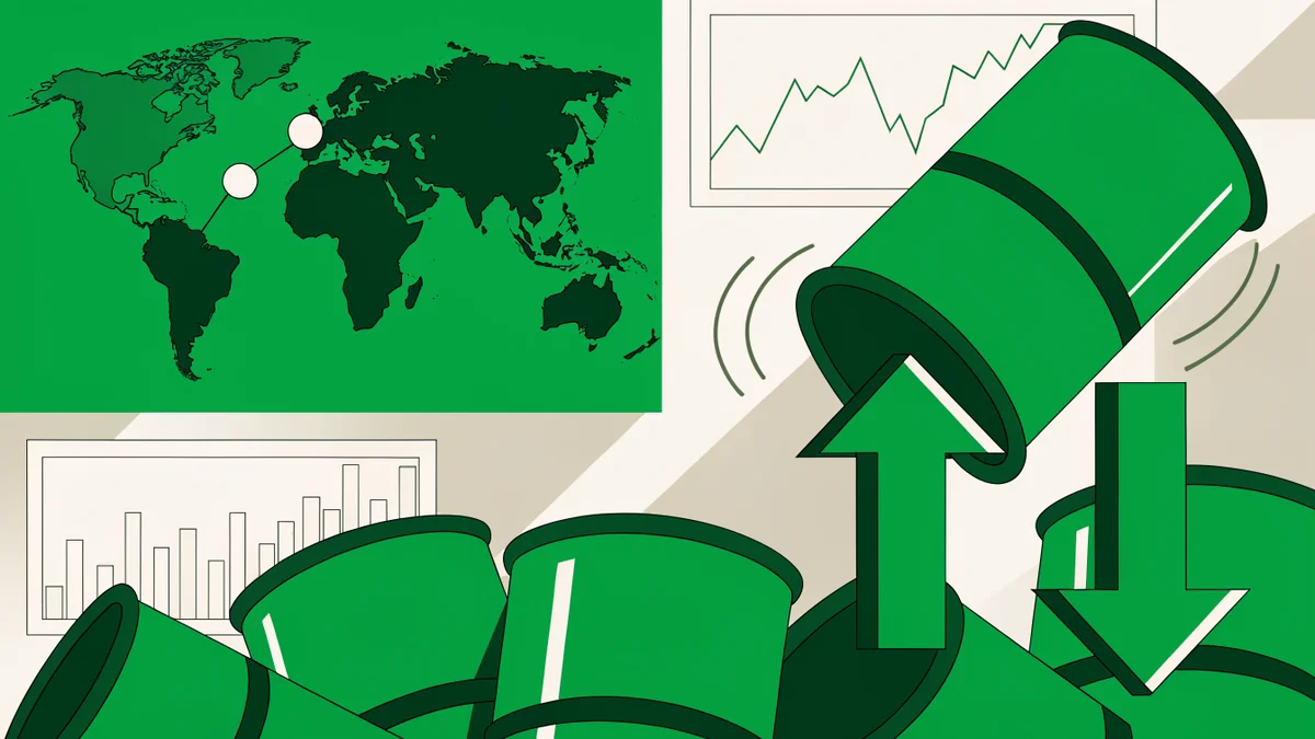 Illustration : Oil barrels and upward-downward arrows representing price volatility, with a world map showing OPEC+ regions and financial trading screens in the background, dynamic composition with contrasting red and green color zones